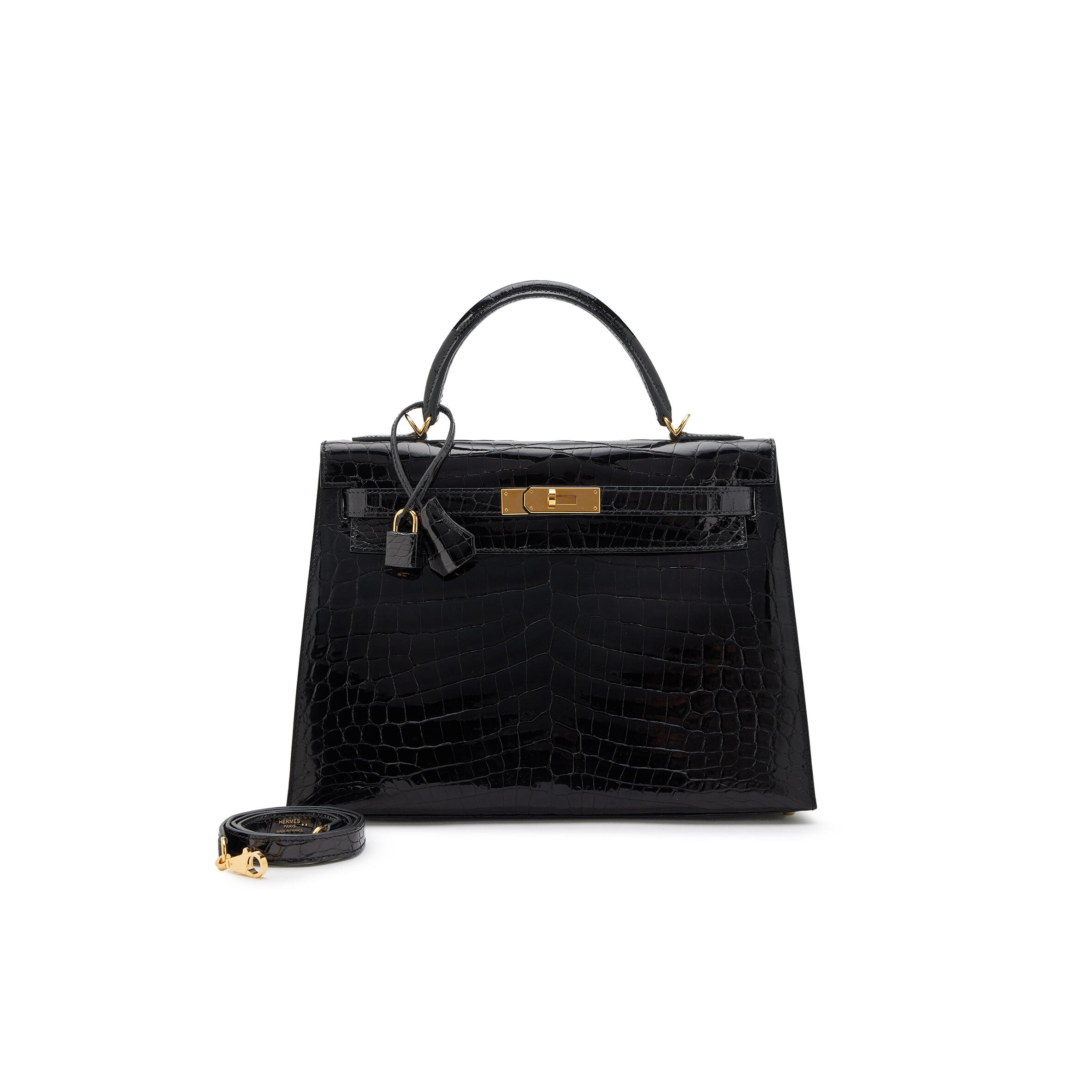 HERMÈS BLACK SHINY NILOTICUS CROCODILE SELLIER KELLY 32 GOLD HARDWARE (32*23*11cm)